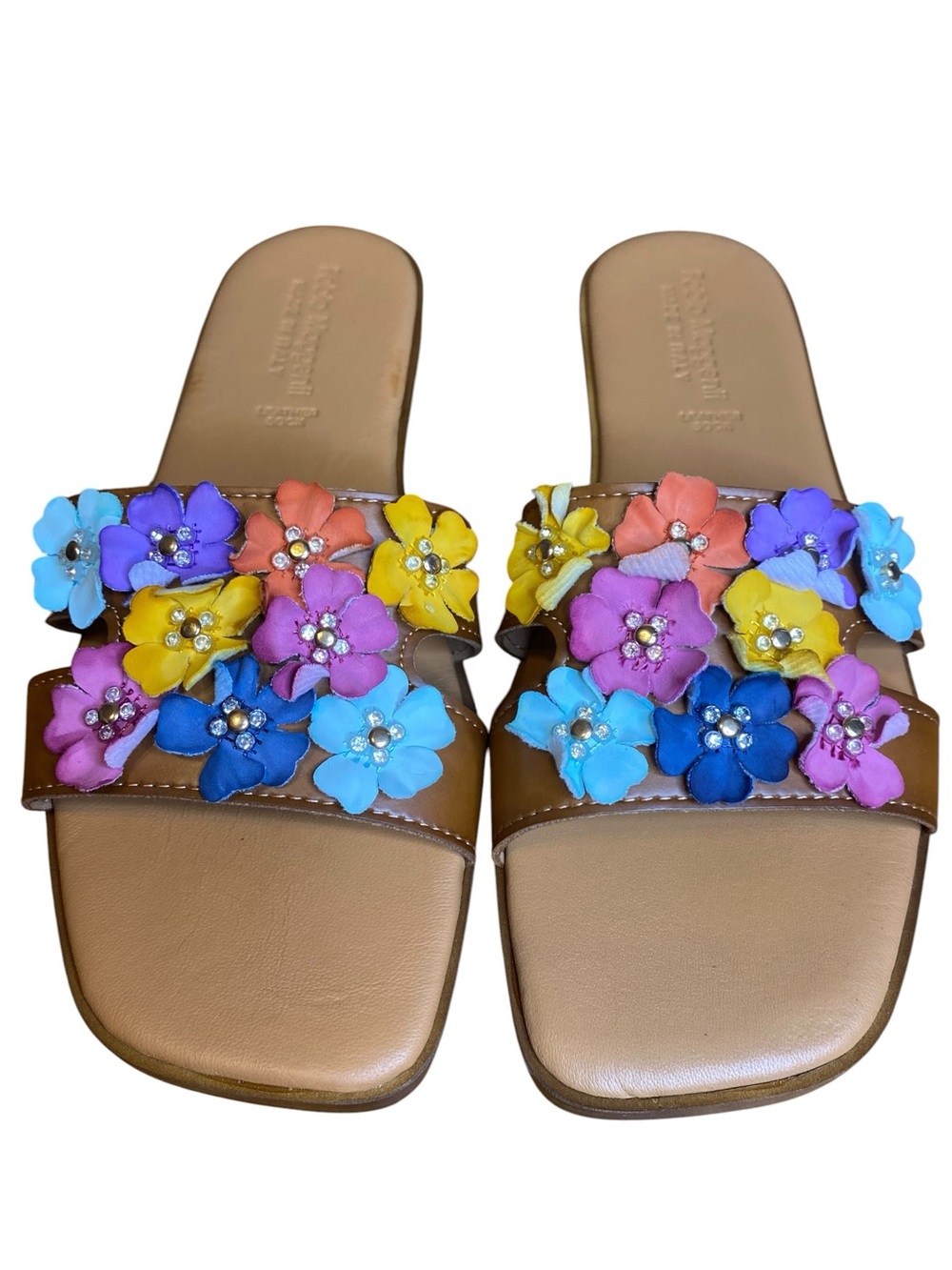 Fabio Maggenti Italy Leather Floral Applique Slide Sandals Tan Multicolor SZ 10
